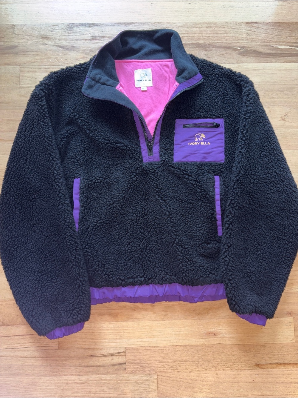 ivory ella Black Sherpa Half-Zip Pullover with Purple Accents
